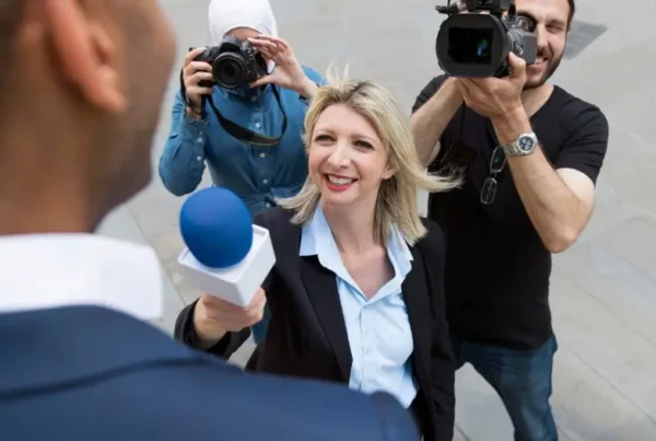 Reporter holding blue mic to businessman